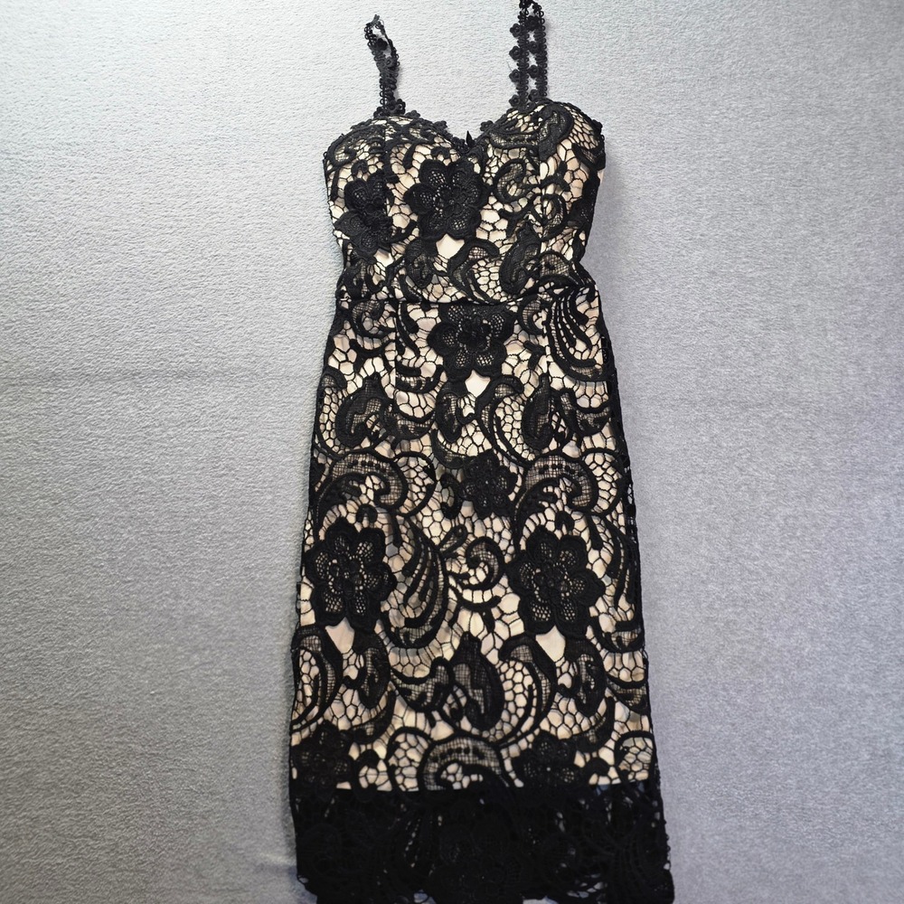 Floral Lace Midi Dress Womens M Black Nude Spaghetti Strap Cocktail Formal